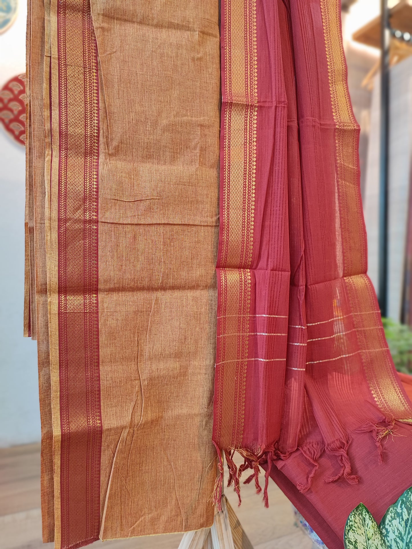 Sandstone & Persian Red Maheshwari Cotton Suit Set