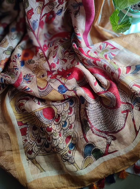 Kalamkari Linen Printed Saree with Tassels Detailing