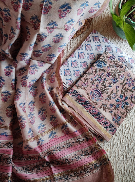 Muted Brown & Pink Chanderi Silk Suit Set with Floral Handblock Prints