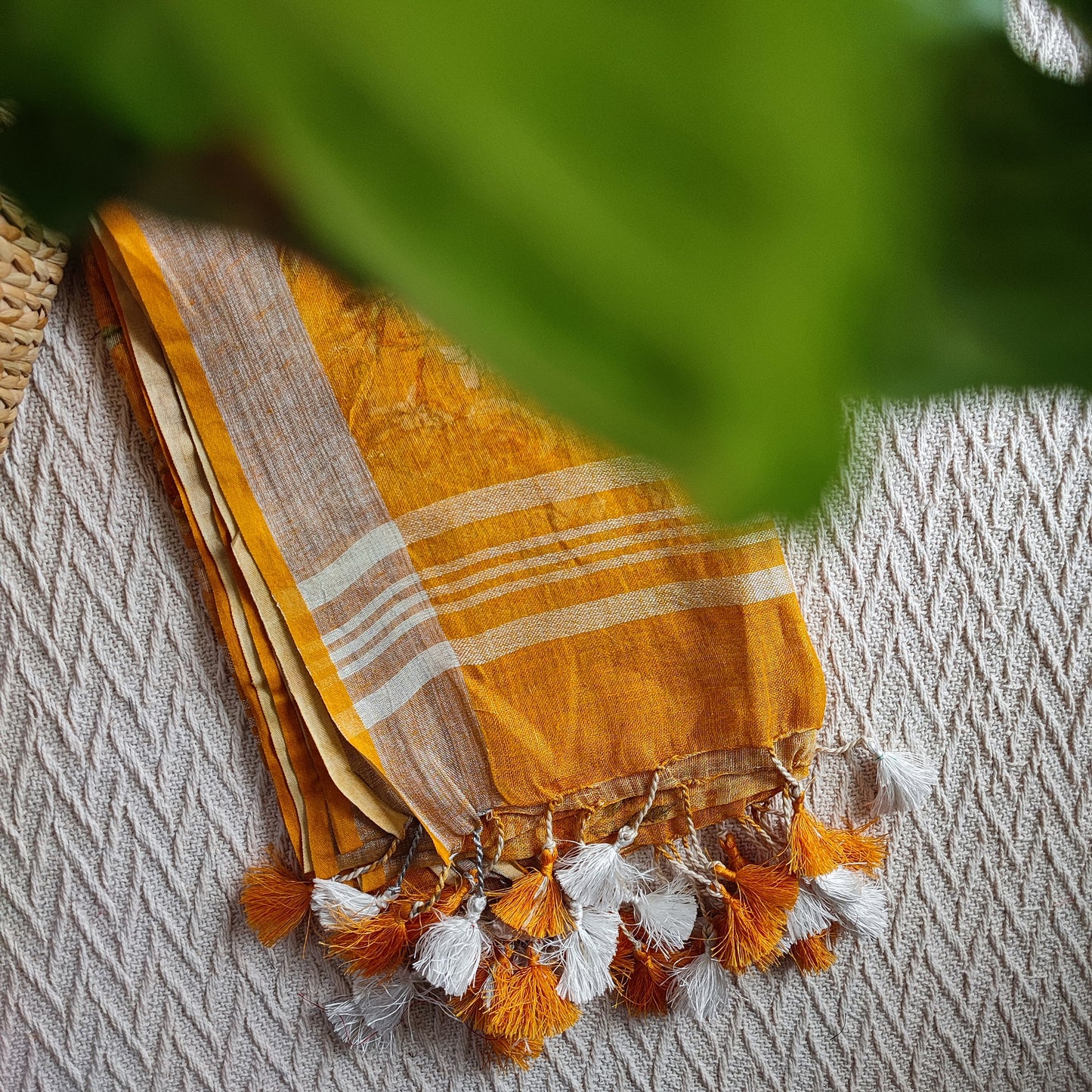 Turmeric Yellow Pure Linen Printed Dupatta with Tassels Detailing