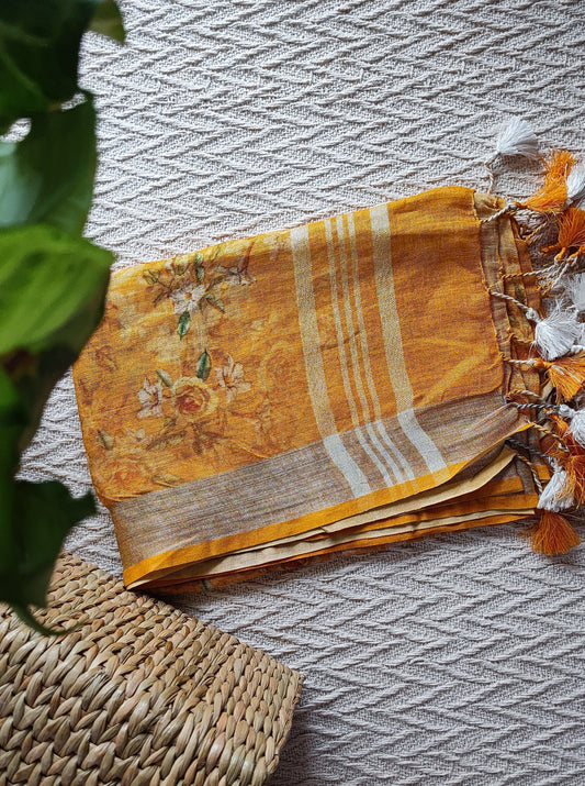 Turmeric Yellow Pure Linen Printed Dupatta with Tassels Detailing