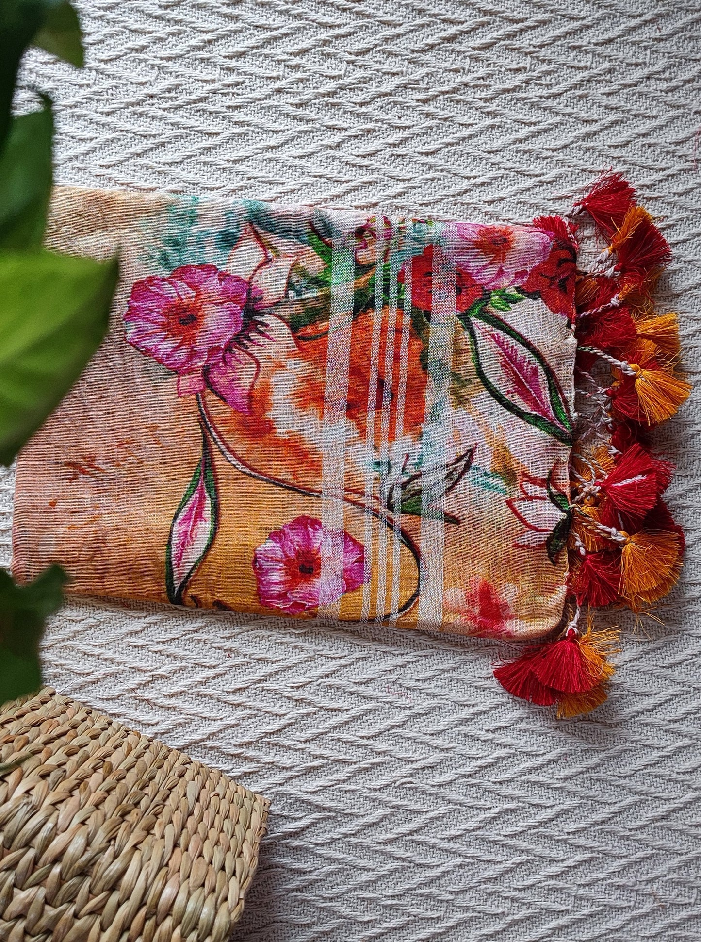 Yellow & Hot Pink Pure Linen Kalamkari Printed Dupatta with Tassels Detailing