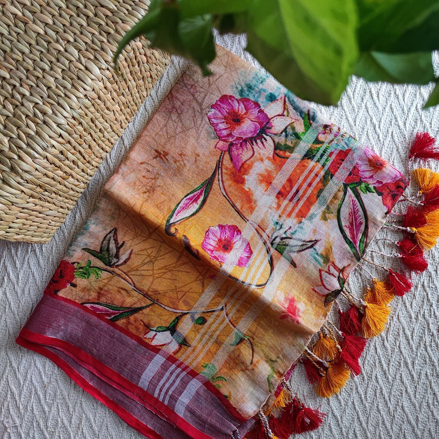 Yellow & Hot Pink Pure Linen Kalamkari Printed Dupatta with Tassels Detailing
