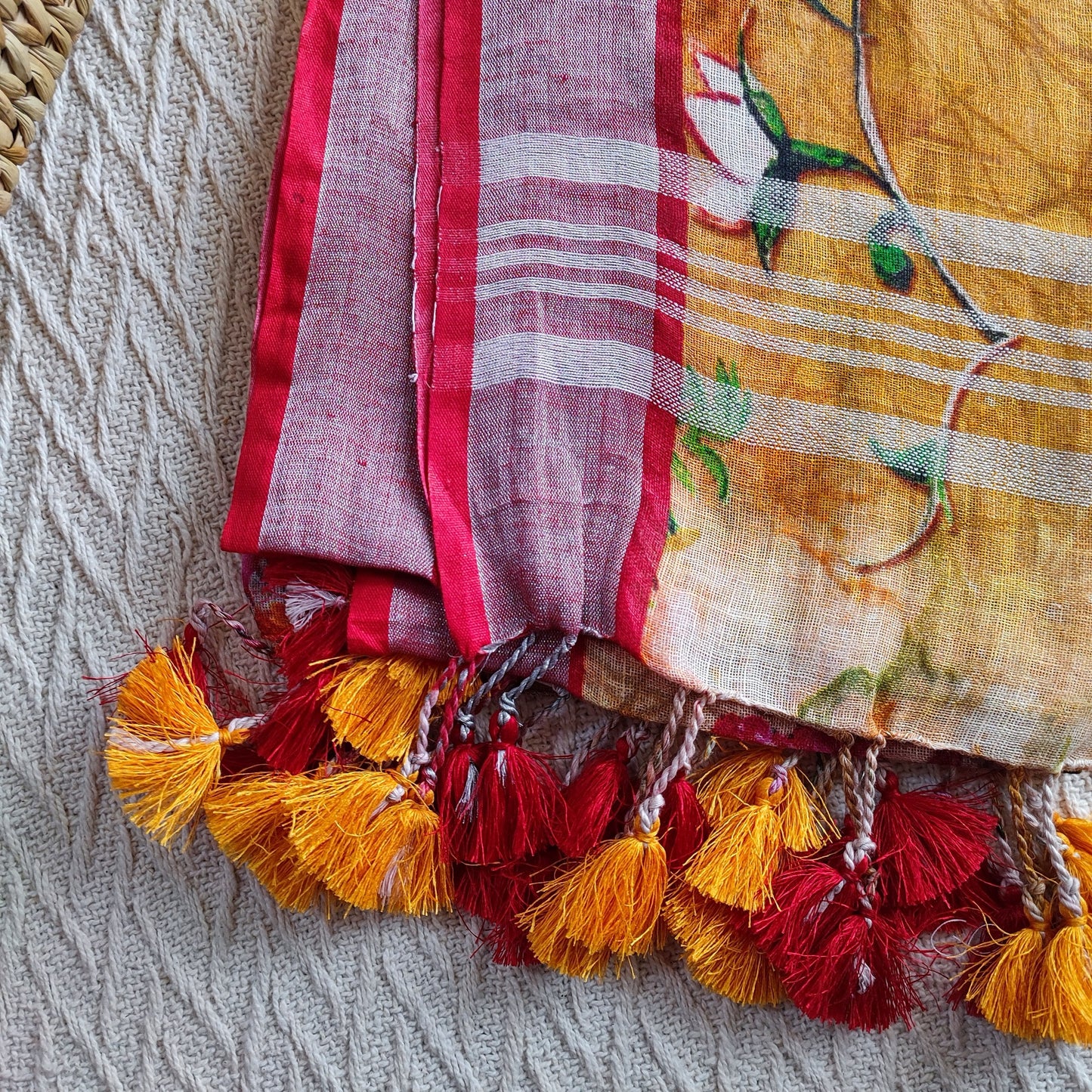 Yellow & Hot Pink Pure Linen Kalamkari Printed Dupatta with Tassels Detailing