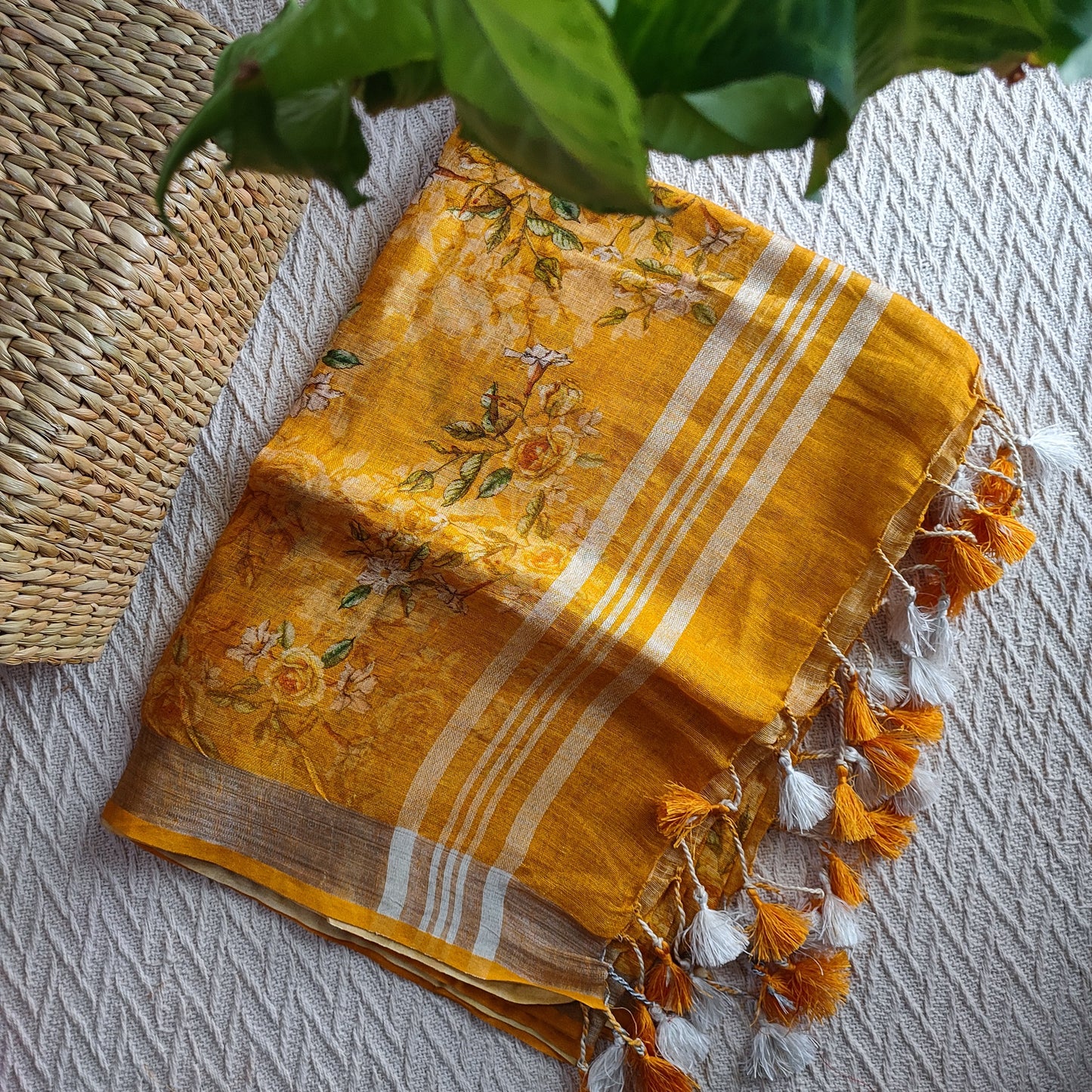 Turmeric Yellow Pure Linen Printed Dupatta with Tassels Detailing