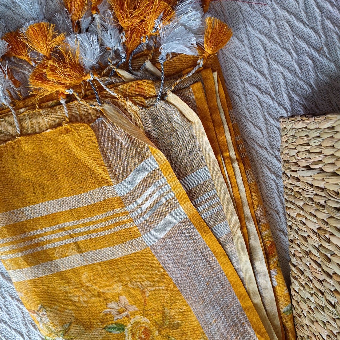 Turmeric Yellow Pure Linen Printed Dupatta with Tassels Detailing
