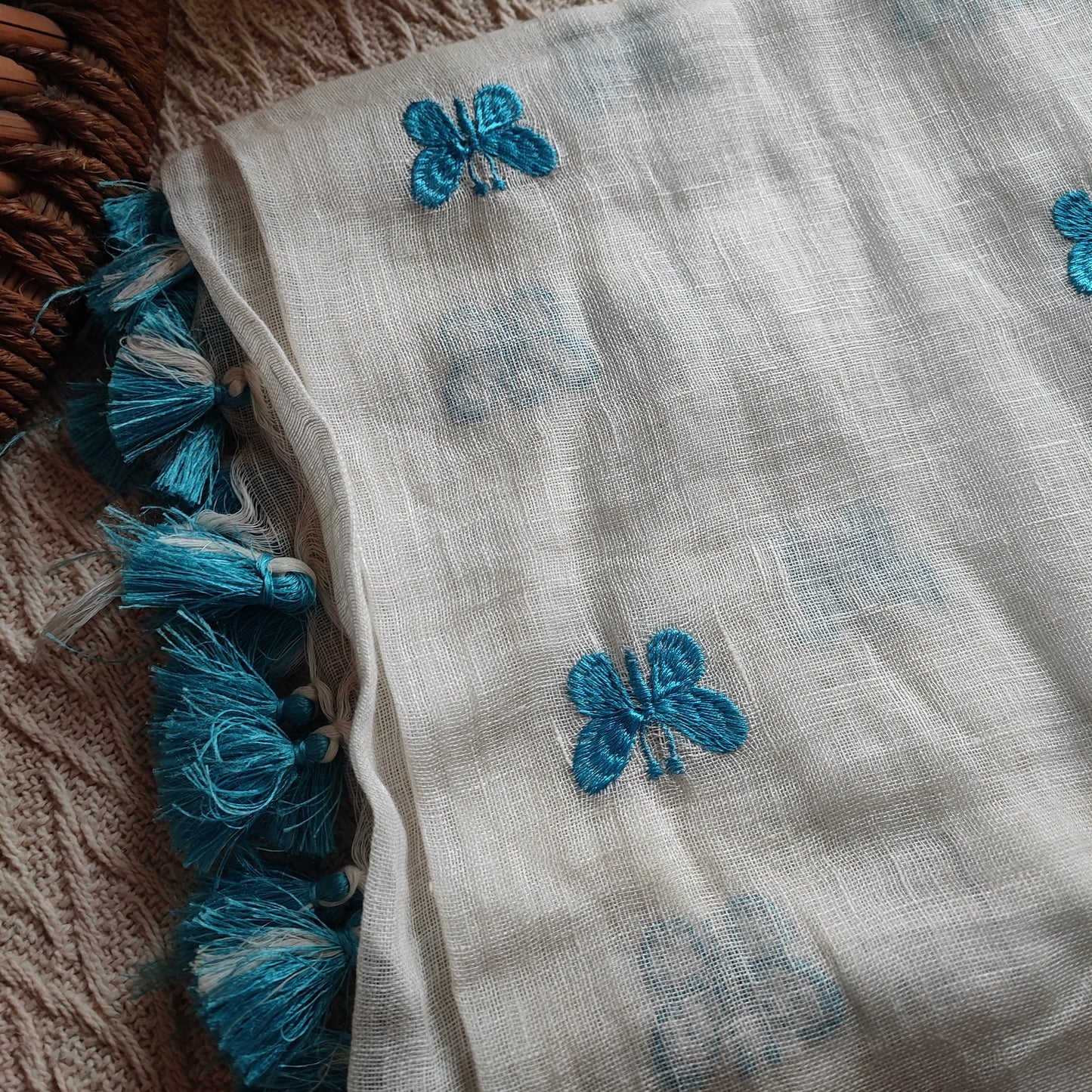 Sky Blue &  White Pure Linen Embroidered Dupatta with Tassels Detailing