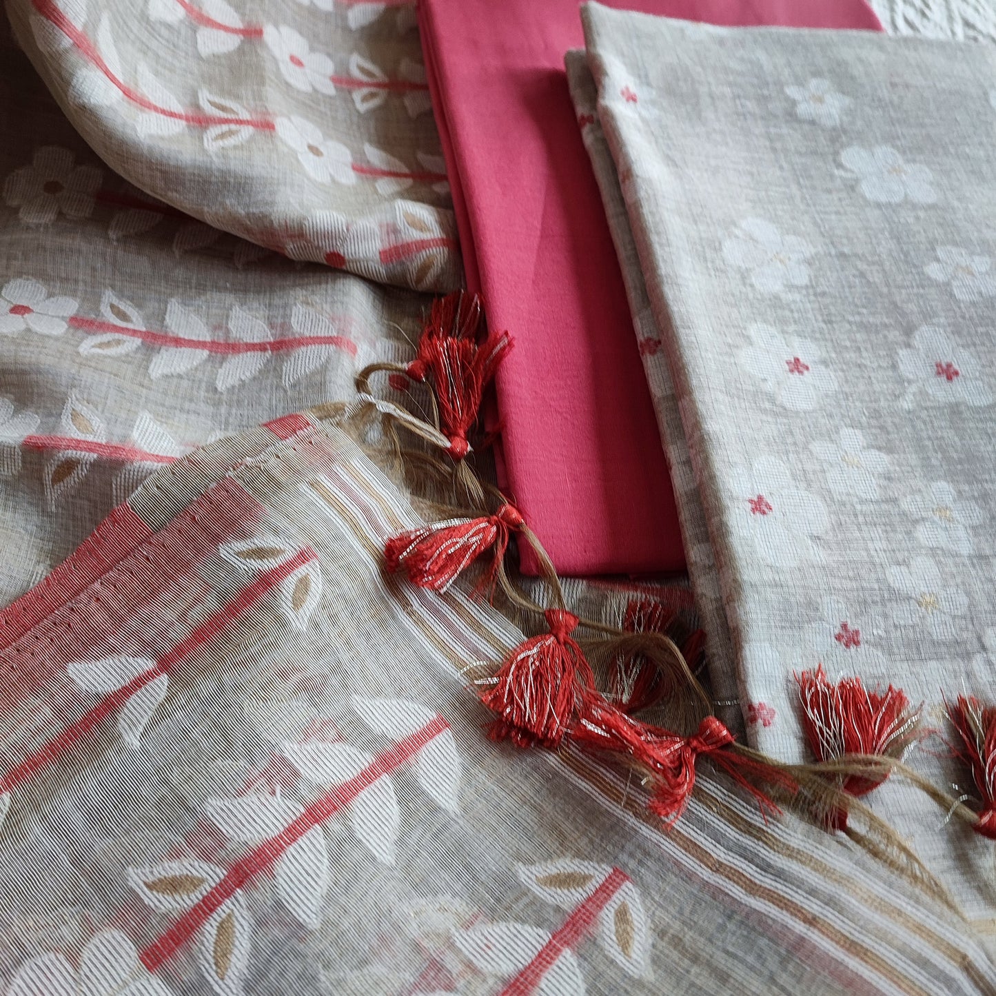Hint Of Red And Beige Chanderi Silk by Resham Woven Jamdani Suit