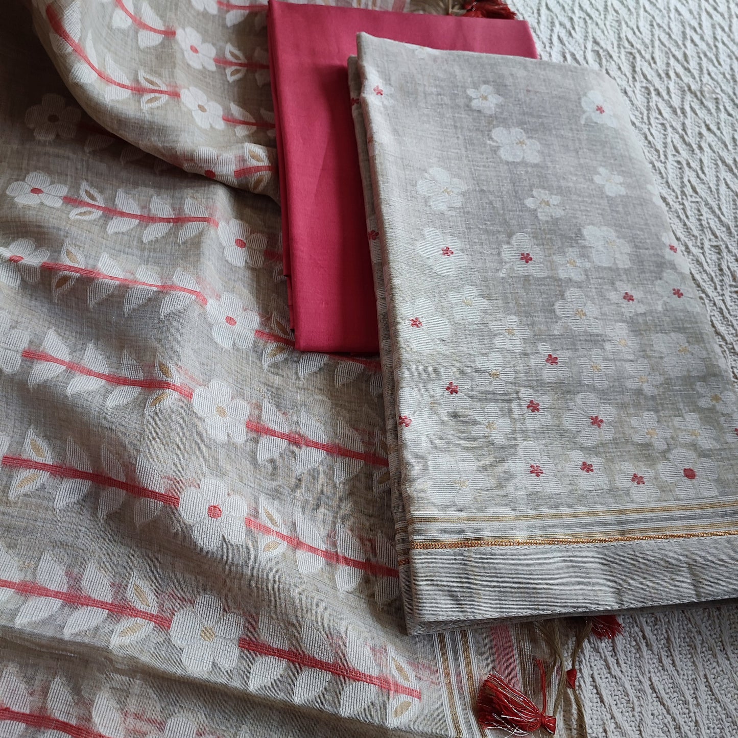 Hint Of Red And Beige Chanderi Silk by Resham Woven Jamdani Suit