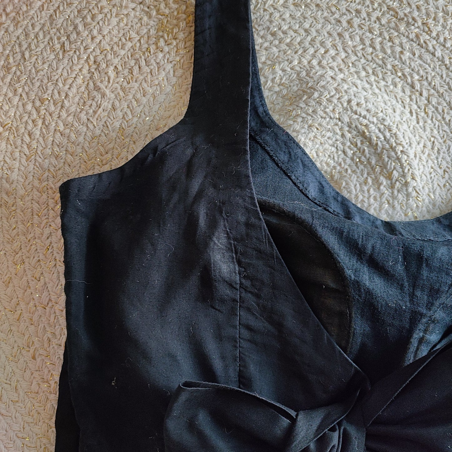 Solid Black Cotton Padded Blouse with Back Bow Detailing