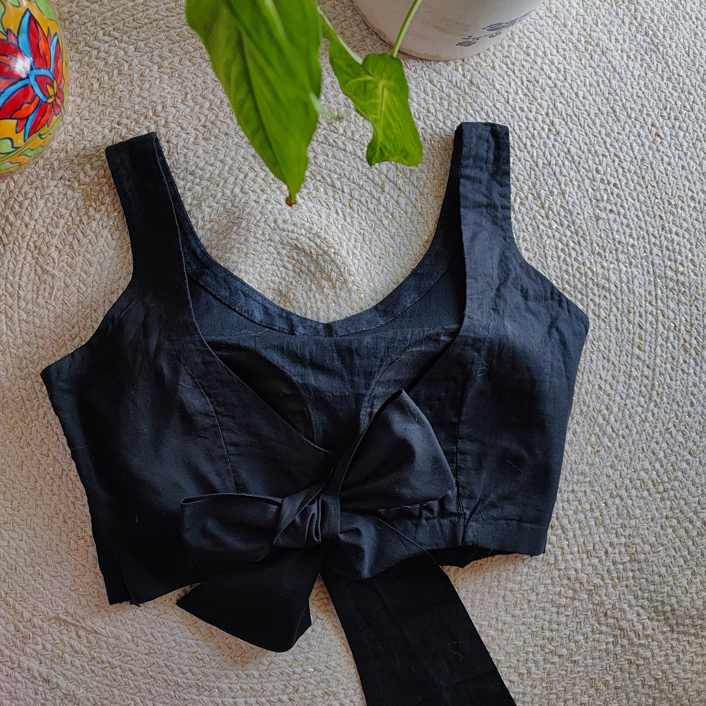 Solid Black Cotton Padded Blouse with Back Bow Detailing
