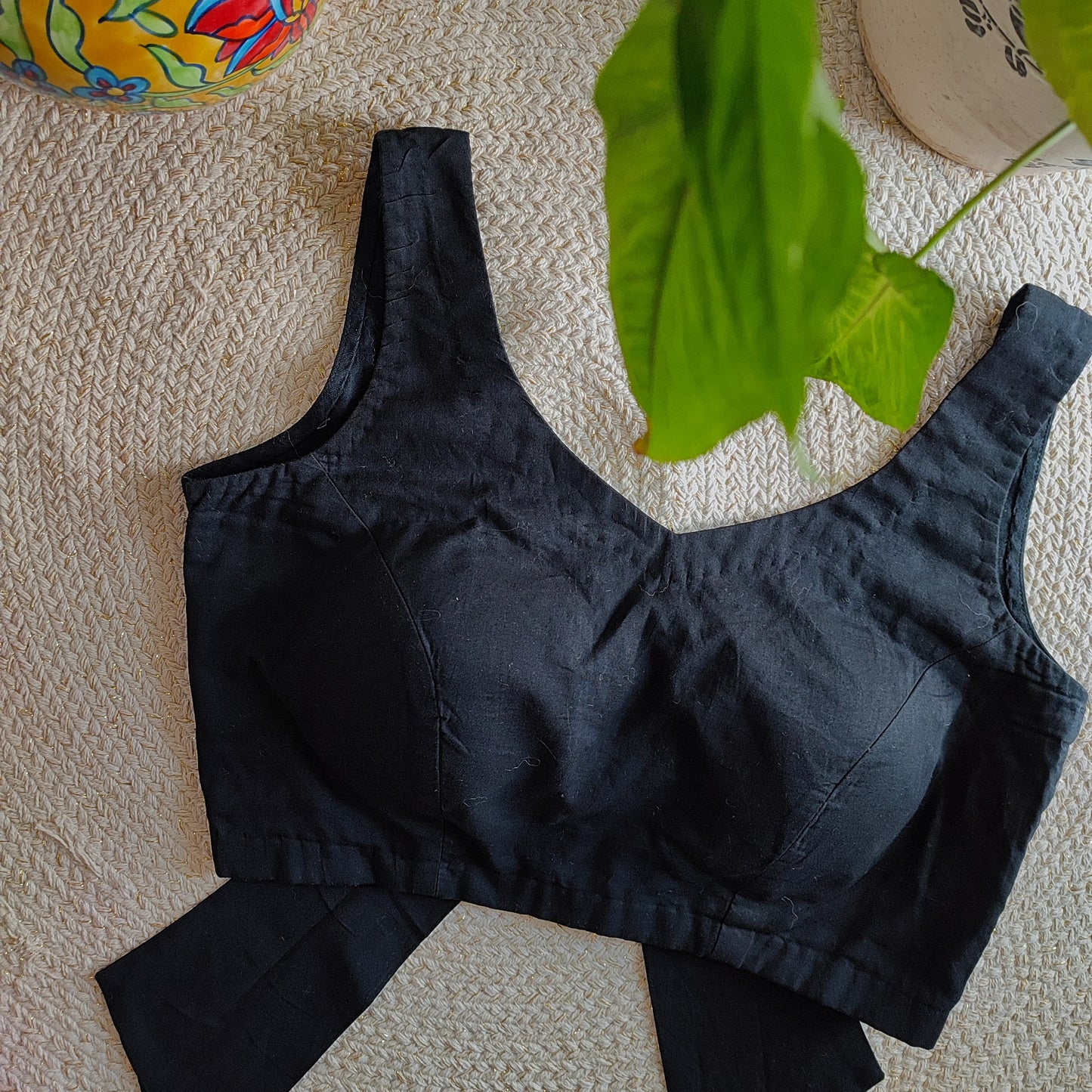 Solid Black Cotton Padded Blouse with Back Bow Detailing