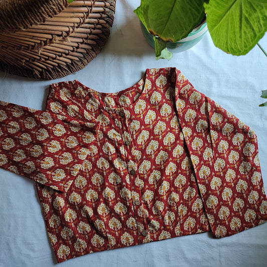 Red & Yellow Pure Cotton Handblock Printed Contemporary Blouse/ Crop Top