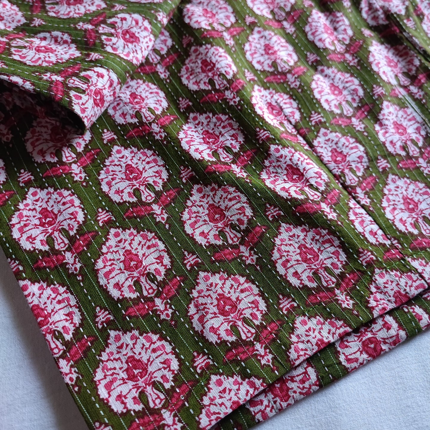 Moss Green & Pink Pure Cotton Handblock Printed Contemporary Blouse/ Crop Top