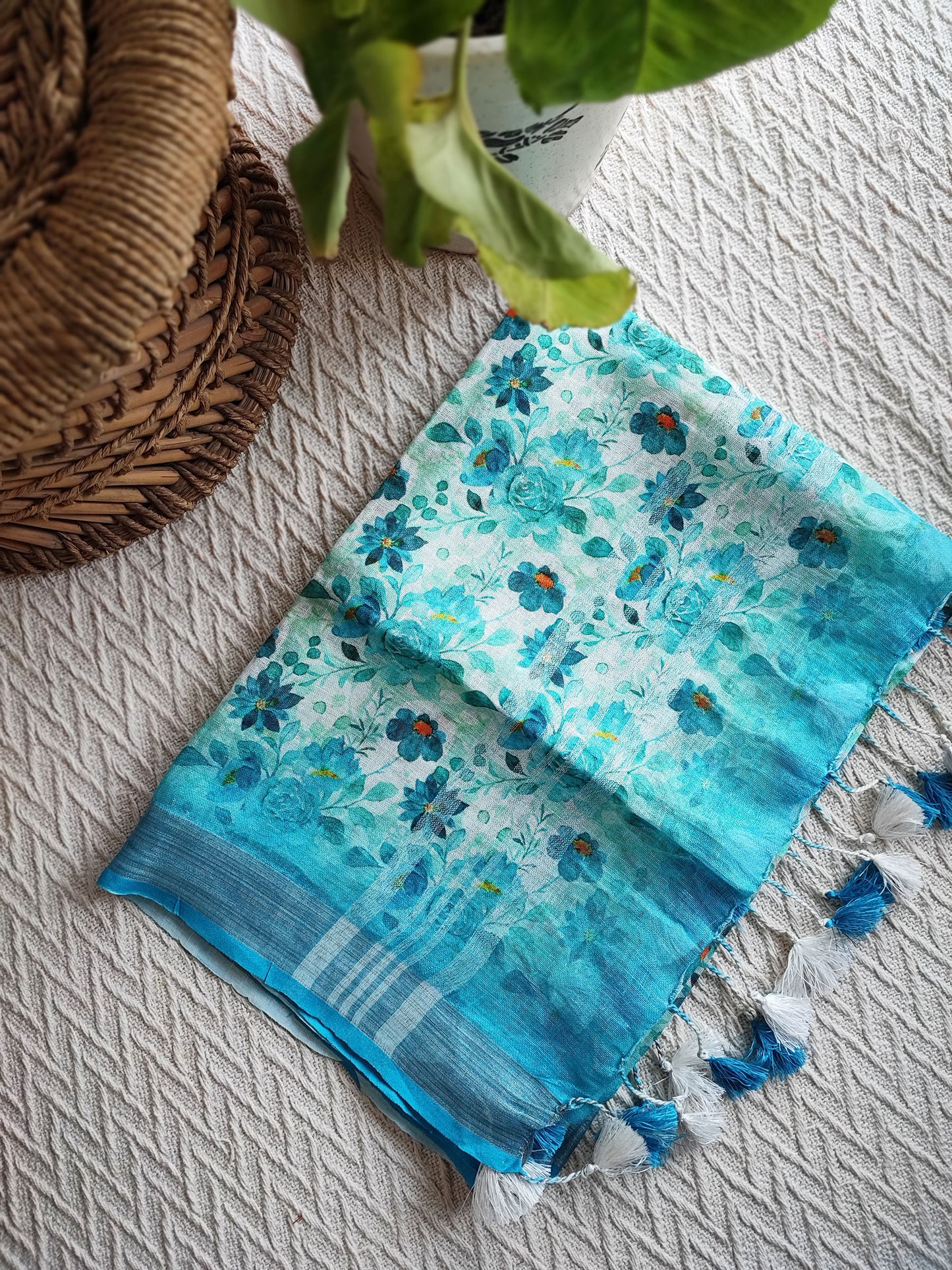 Aquamarine Pure Linen Printed Dupatta with Tassels Detailing