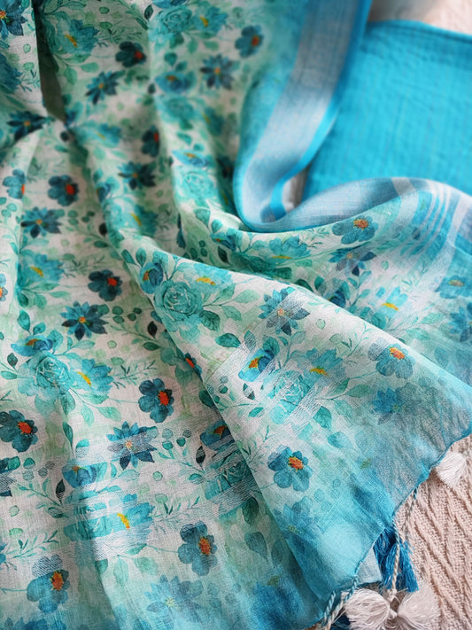 Sky Blue Monochromatic Cotton Kurta with Digital Print Floral Linen Dupatta (Variation 6)