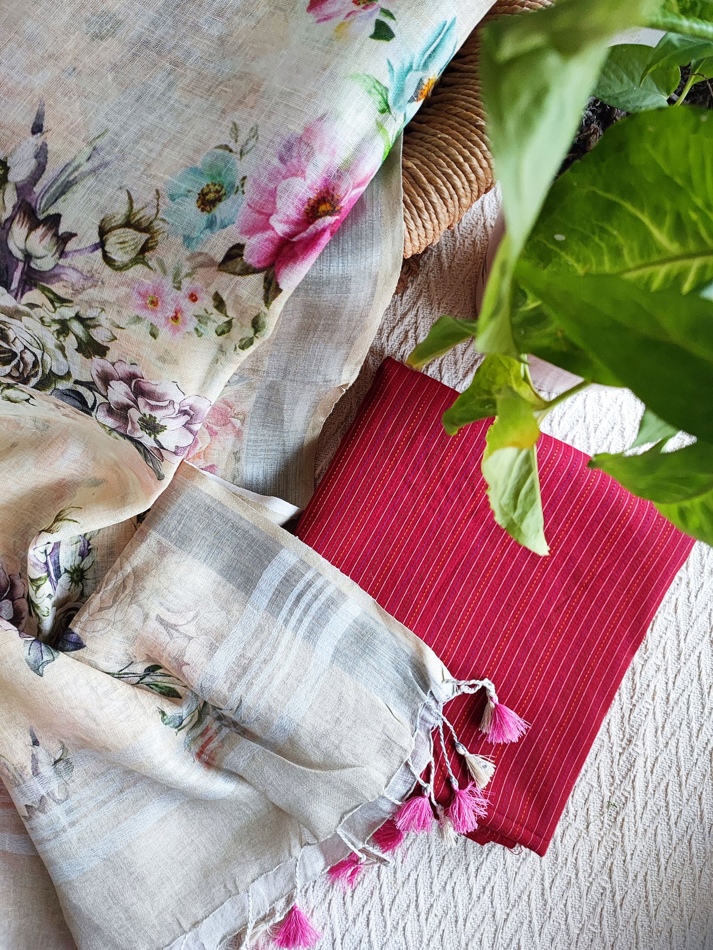 Brick Red Monochromatic Cotton Kurta with Embroided Floral Linen Dupatta (Variation 8)