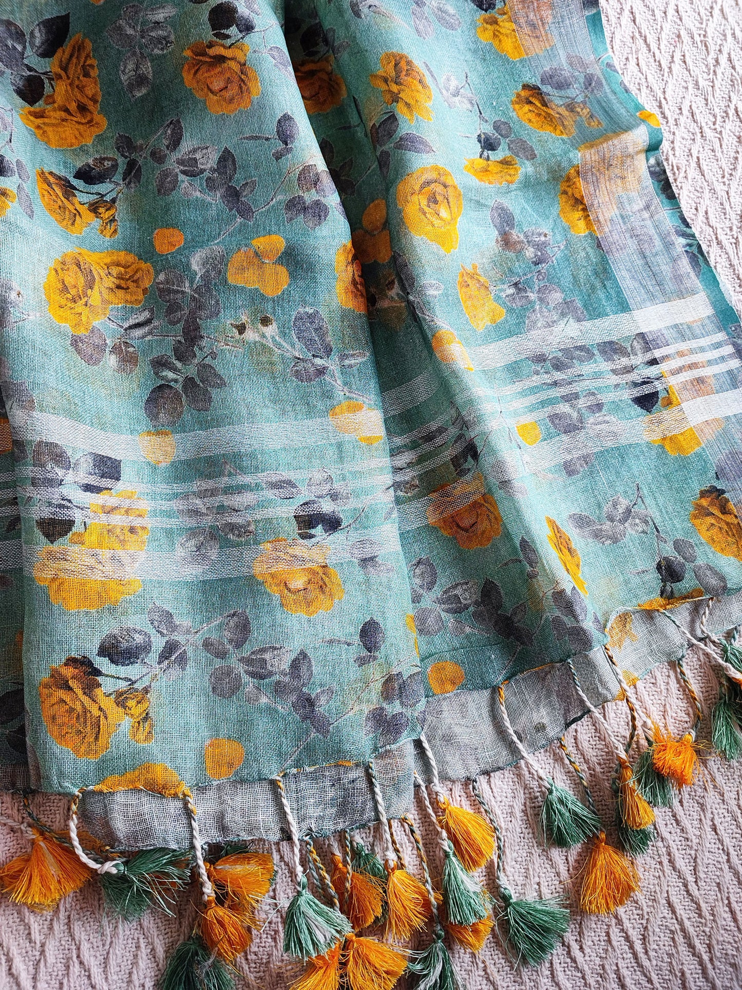 Marigold & Teal Pure Linen Printed Dupatta with Tassels Detailing