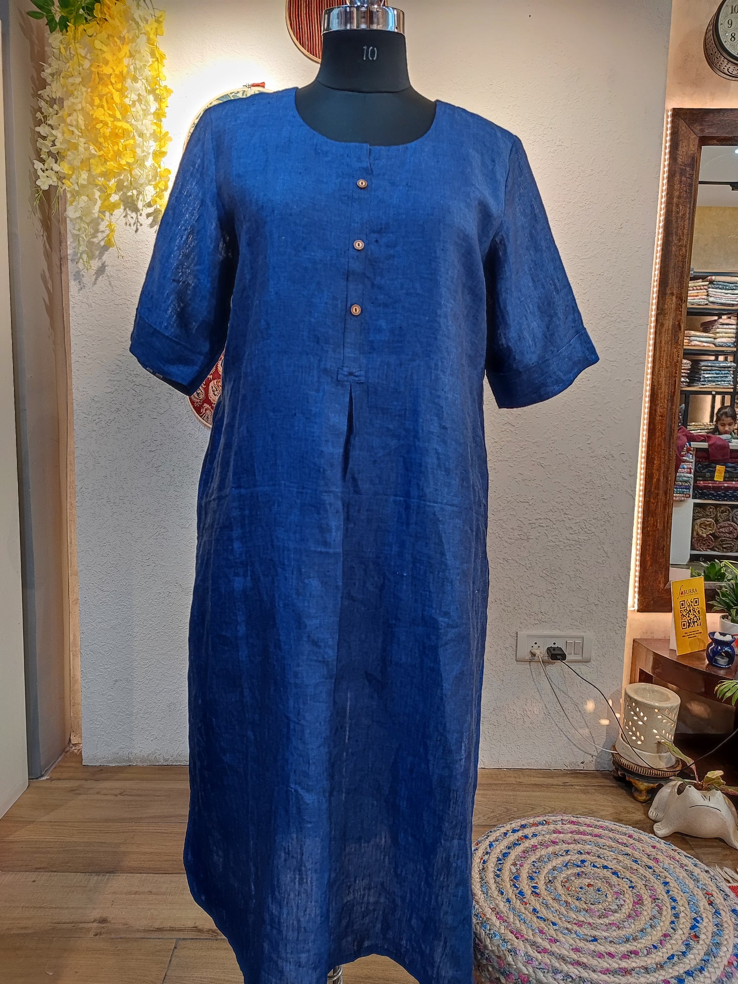 Navy Blue Pure Linen Loose Fit Kurta with Pocket Detailing (Round Neck)