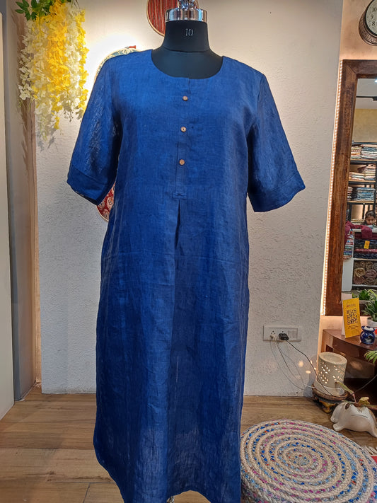 Navy Blue Pure Linen Loose Fit Kurta with Pocket Detailing (Round Neck)