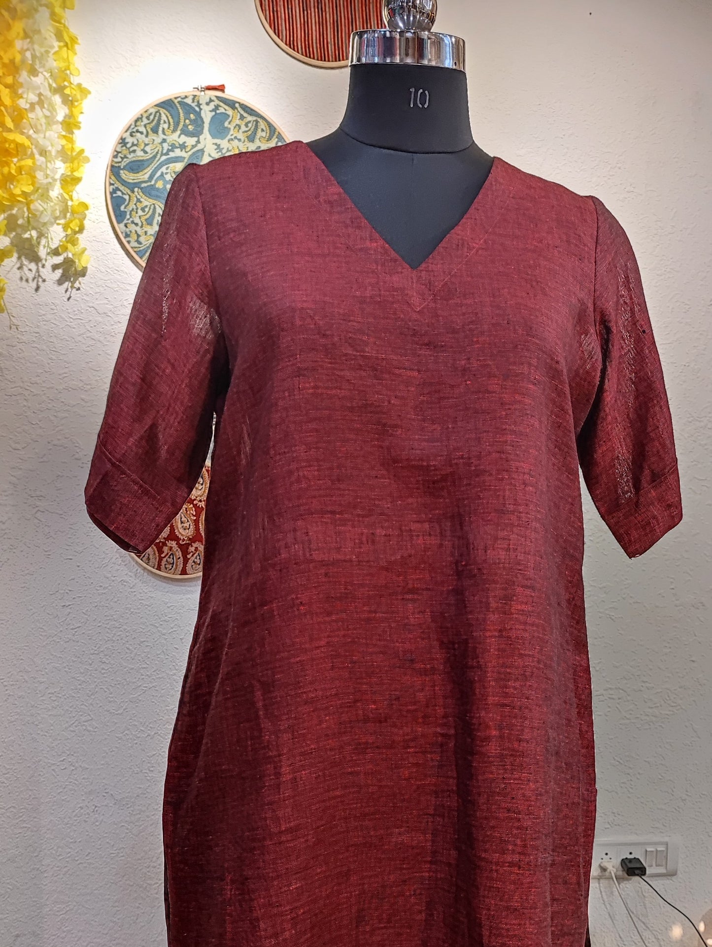 Berry Red Pure Linen Loose Fit Kurta with Pocket Detailing (V Neck)