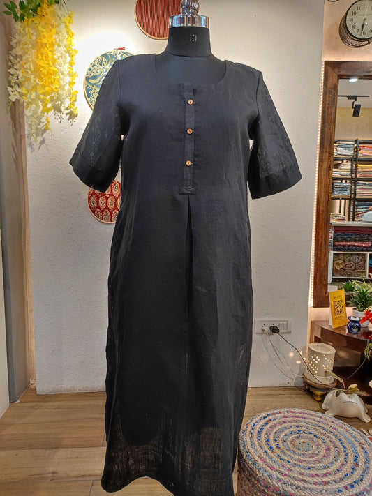 Charcoal Gray Pure Linen Loose Fit Kurta with Pocket Detailing (Round Neck)