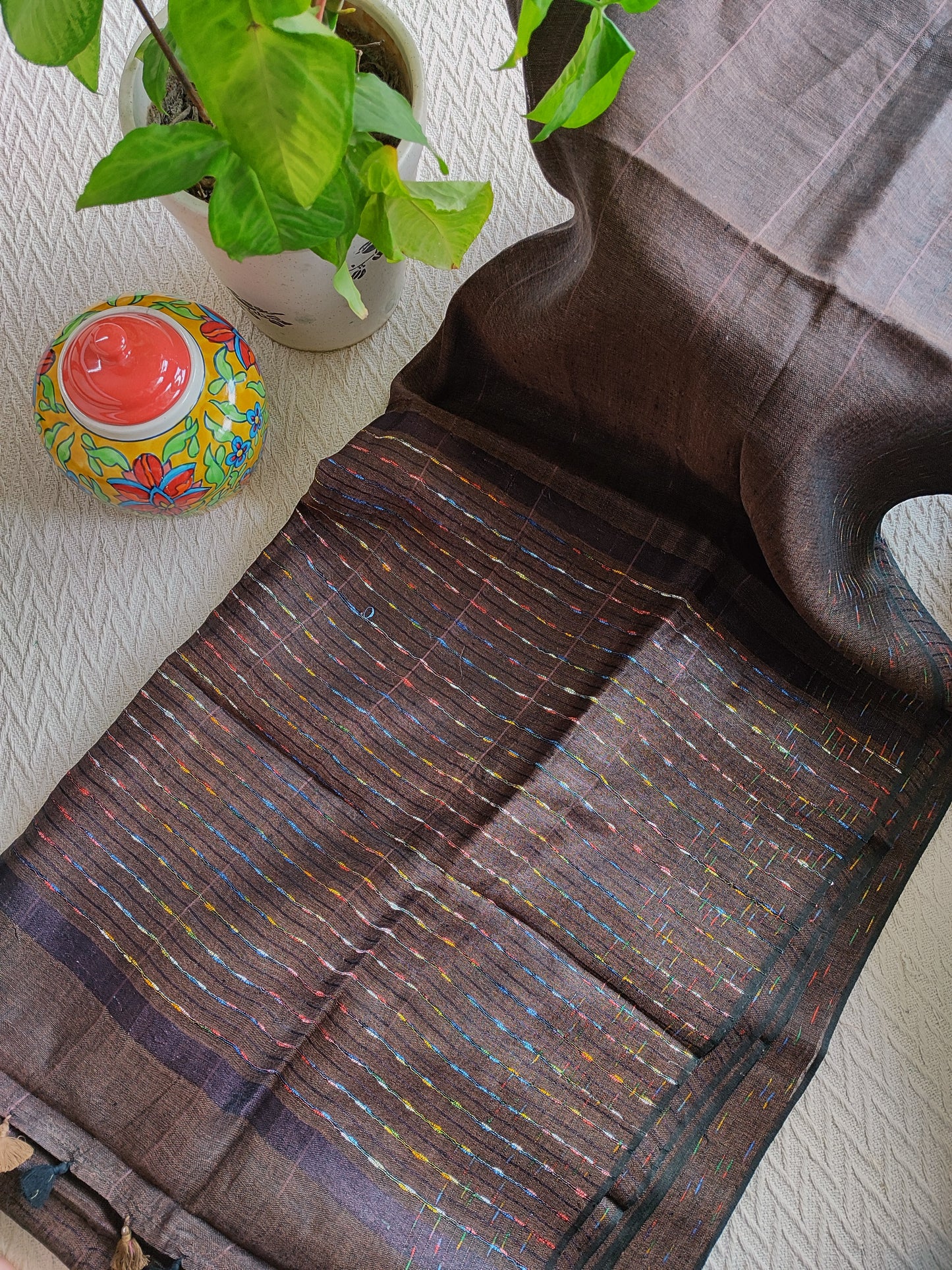 Mocha Brown Pure Linen Embroidered Saree with Tassels Detailing