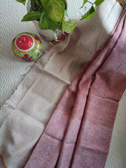 Straw & Faded Strawberry Pure Linen Embroidered Saree with Tassels Detailing