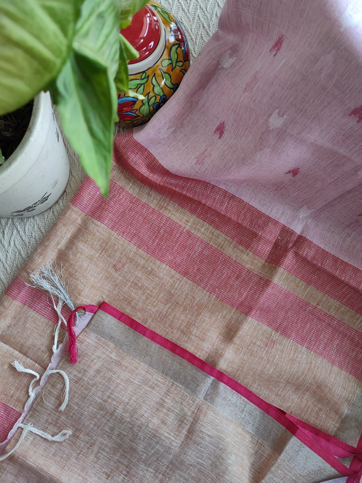 Light Pink & Straw Pure Linen Embroidered Saree with Tassels Detailing