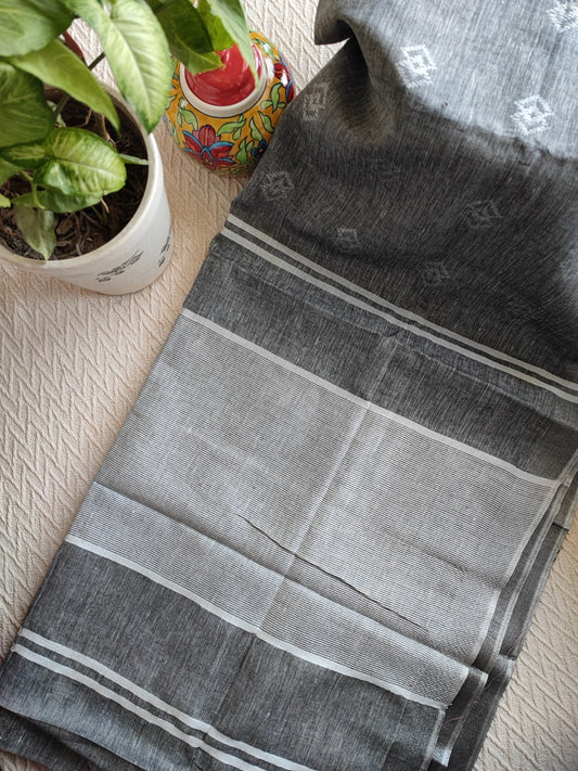 Shades of Gray Pure Linen Embroidered Saree with Tassels Detailing