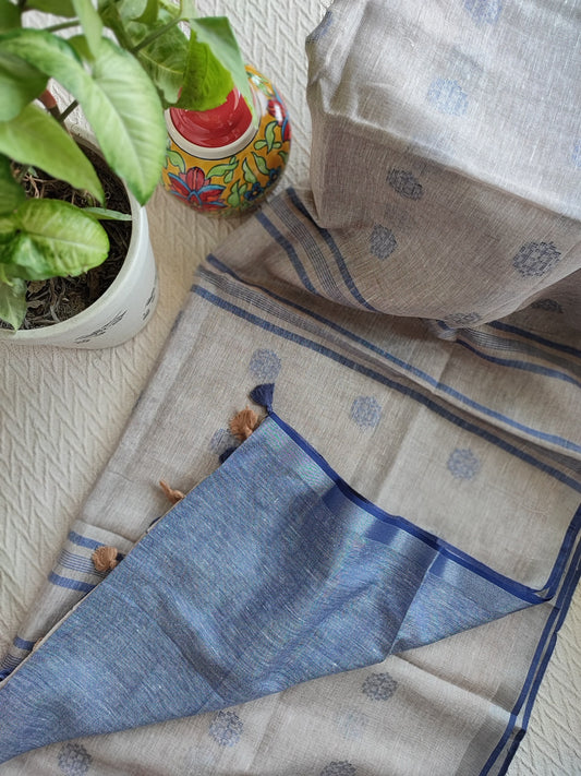Light Gray & Columbia Blue Pure Linen Embroidered Saree with Tassels Detailing
