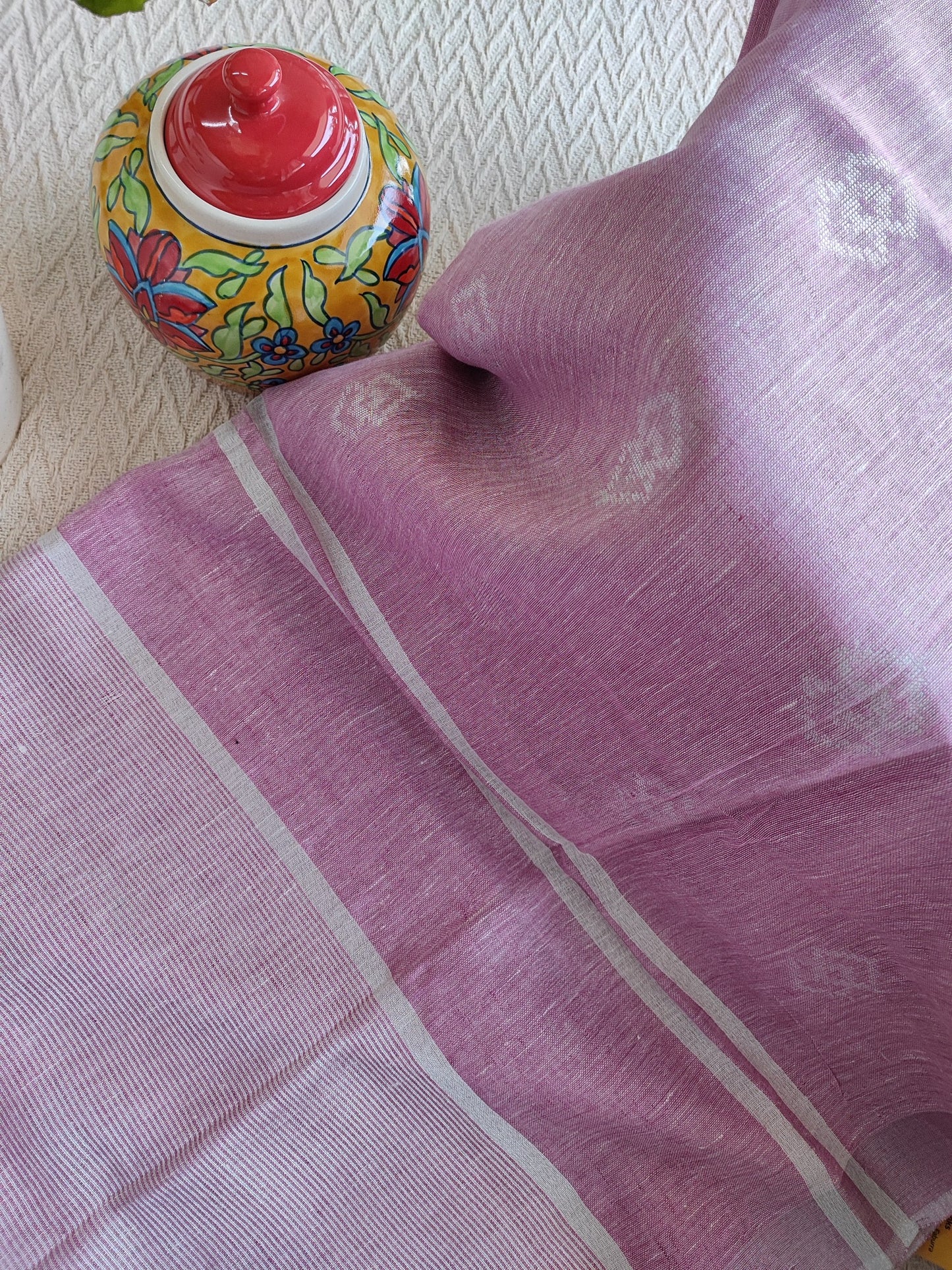 Pastel Pink Pure Linen Embroidered Saree with Tassels Detailing