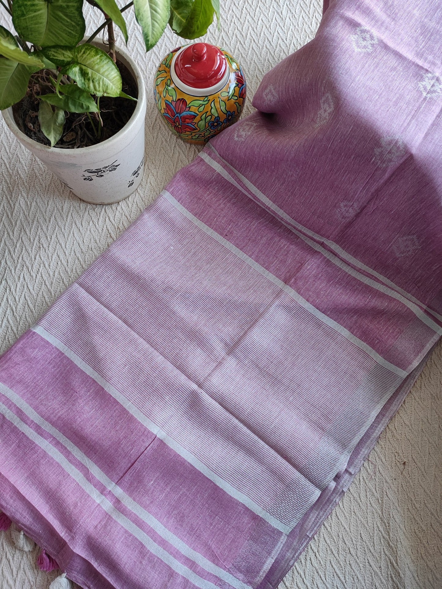 Pastel Pink Pure Linen Embroidered Saree with Tassels Detailing