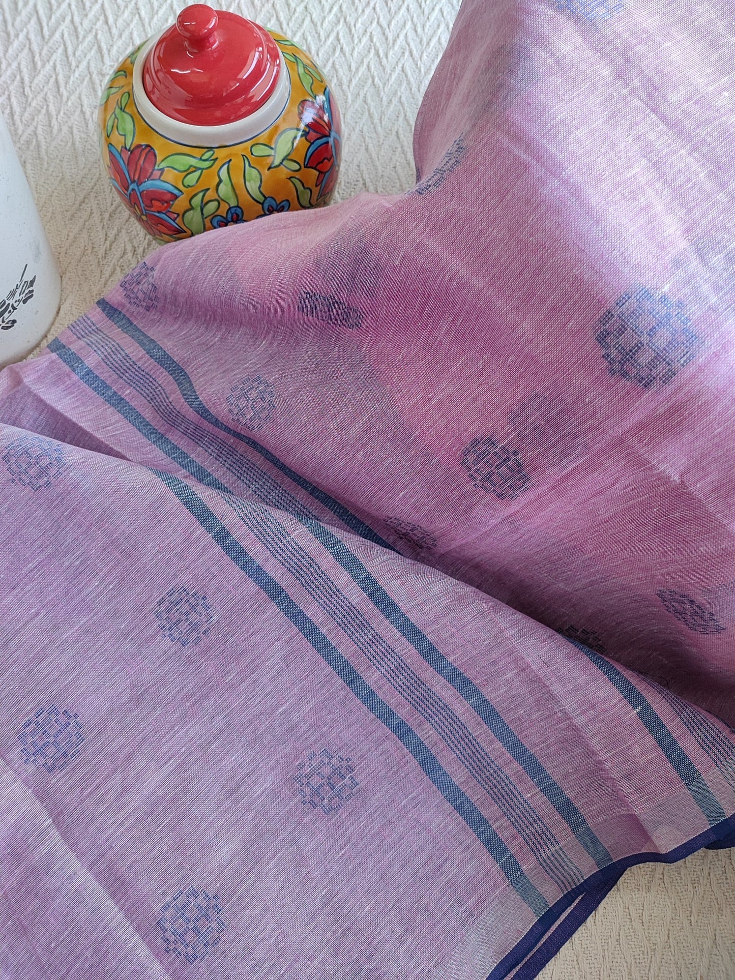 Pink & Royal Blue Linen Embroidered Saree with Tassels Detailing