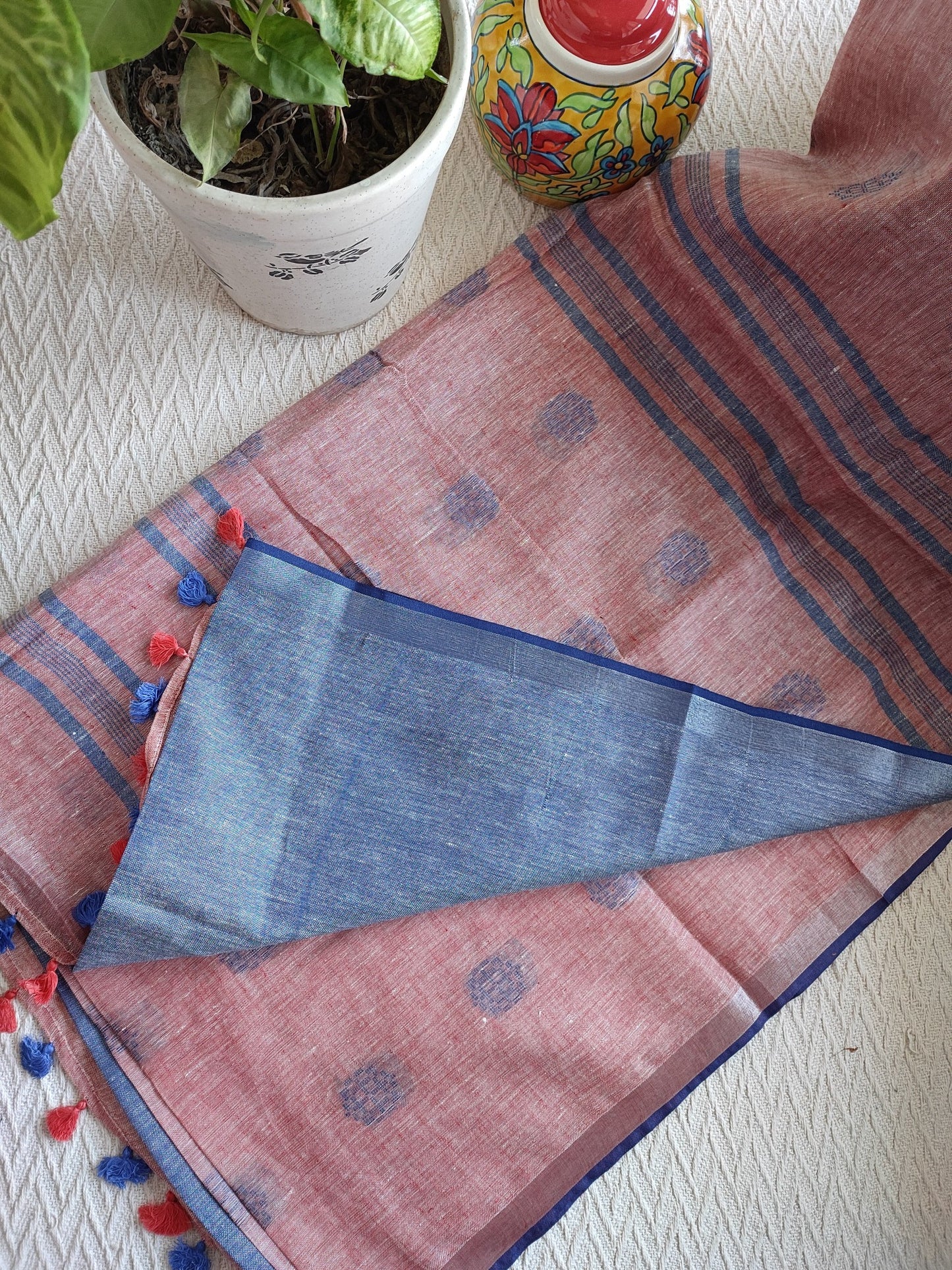 Peach & Royal Blue Linen Embroidered Saree with Tassels Detailing