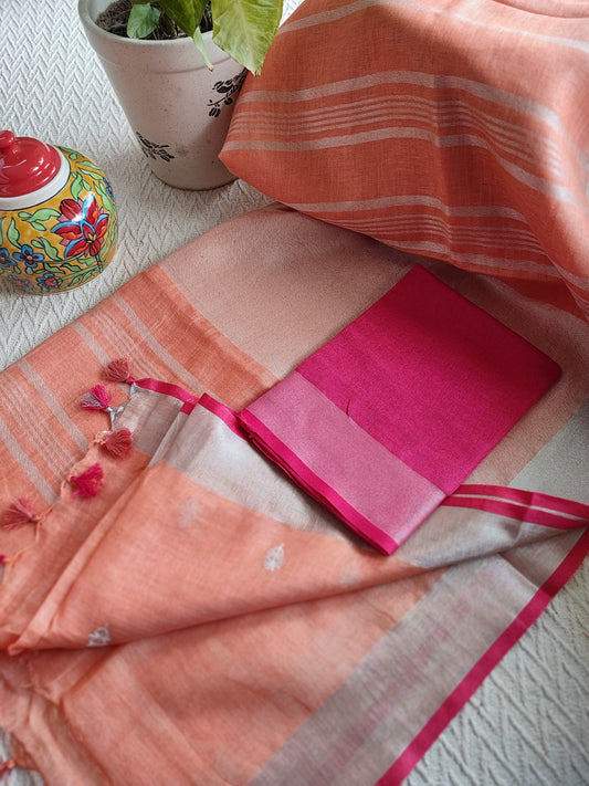 Peach Pure Linen Embroidered Saree with Tassels Detailing and Hot Pink Blouse