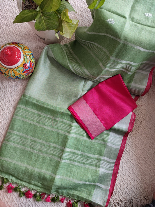 Pastel Green Pure Linen Embroidered Saree with Tassels Detailing and Hot Pink Blouse