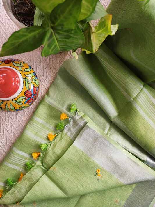 Olive Green Pure Linen Embroidered Saree with Tassels Detailing and Hot Pink Blouse