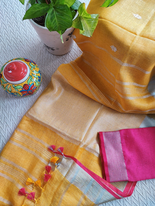 Golden Yellow Pure Linen Embroidered Saree with Tassels Detailing and Hot Pink Blouse