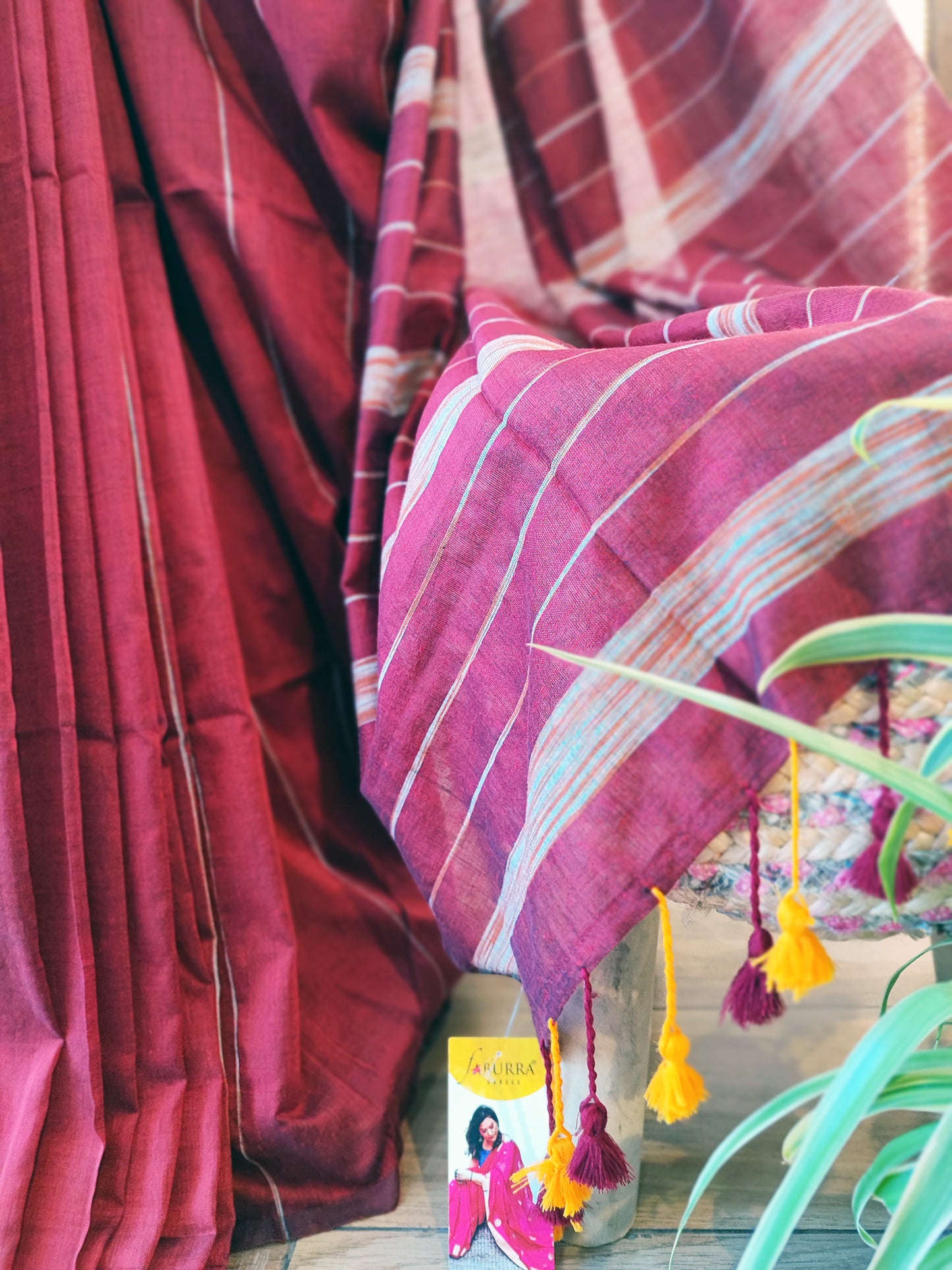 Ruby Red Khesh Handloom Cotton Saree with Gheecha Weaving