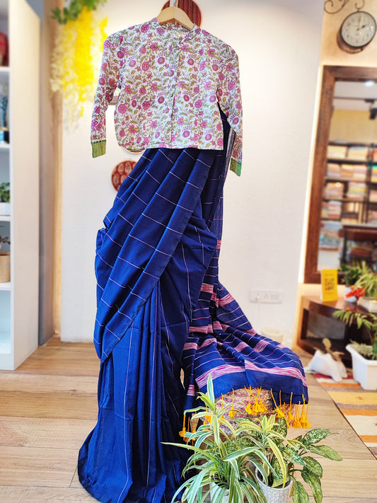 Cobalt Blue Khesh Handloom Cotton Saree with Gheecha Weaving