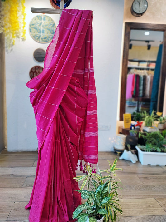 Hot Pink Khesh Handloom Cotton Saree with Gheecha Weaving