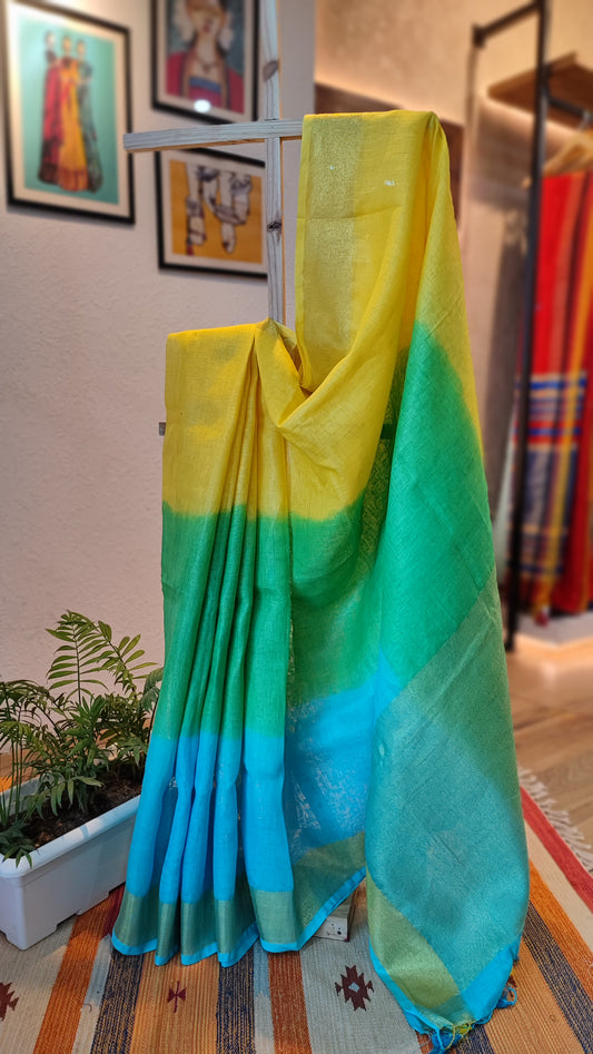 Peacock Blue, Green and Yellow Premium Linen Shaded Saree