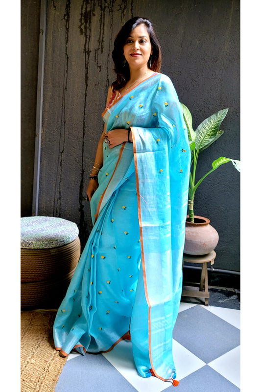 Sky Blue Pure Linen Embroidered Saree with Tassels Detailing