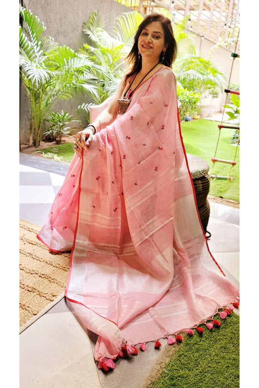 True Peach Pure Linen Embroidered Saree with Tassels Detailing