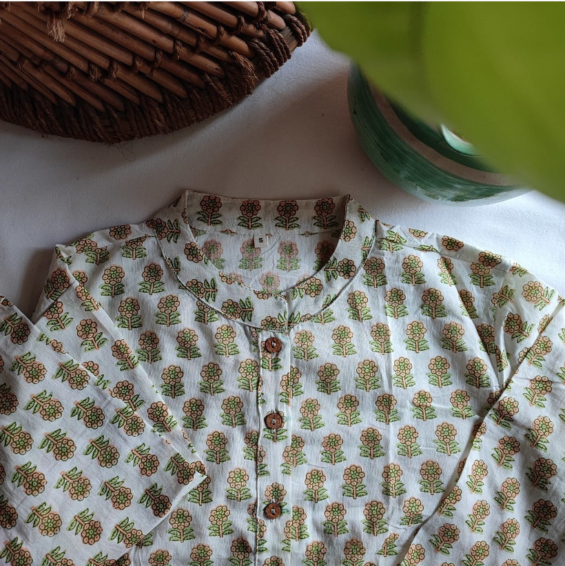 Creamy Beige Pure Cotton Handblock Printed Contemporary Blouse/ Crop Top