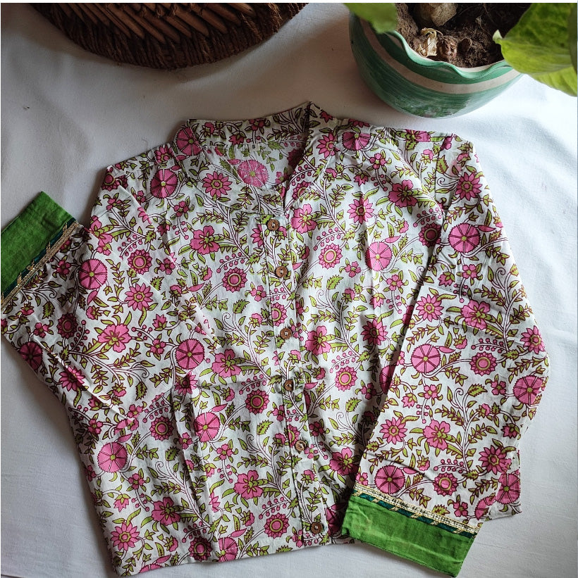 Off White & Pink Green Pure Cotton Handblock Printed Contemporary Blouse/ Crop Top