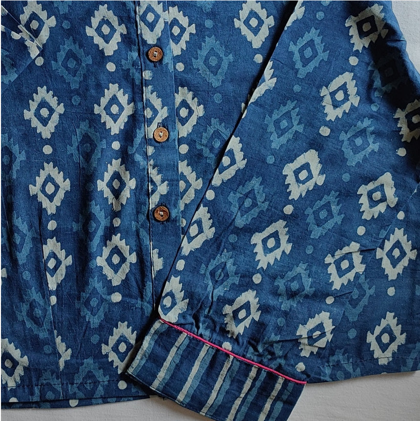 Denim Blue Pure Cotton Handblock Printed Contemporary Blouse/ Crop Top