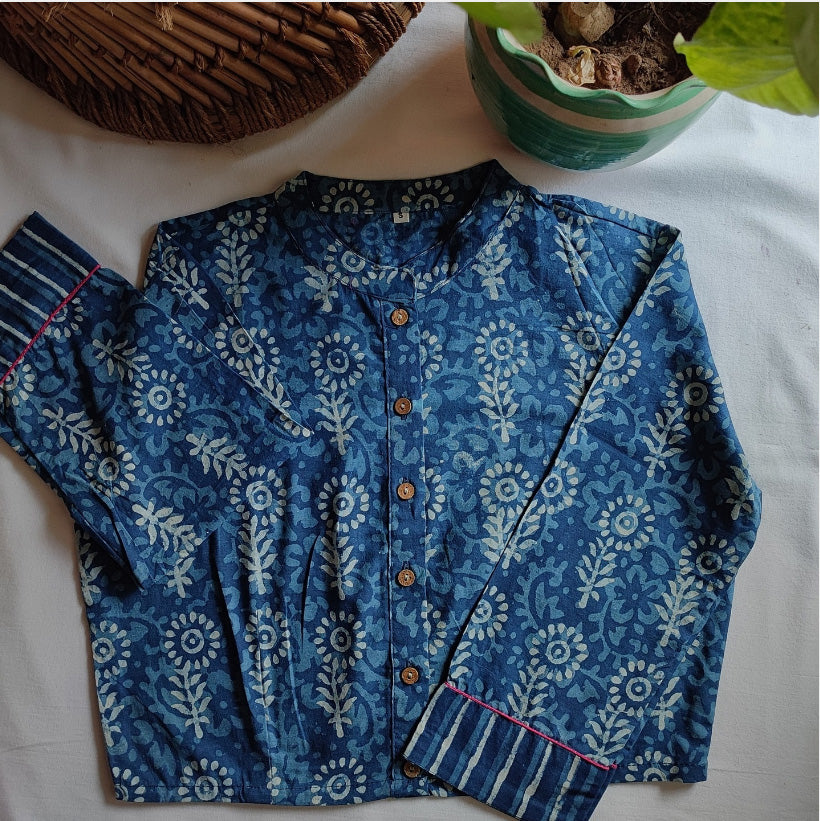 Indigo Blue Pure Cotton Handblock Printed Contemporary Blouse/ Crop Top