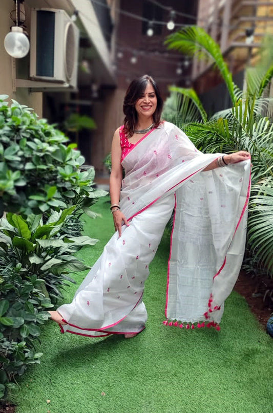 White Pure Linen Embroidered Saree with Tassels Detailing